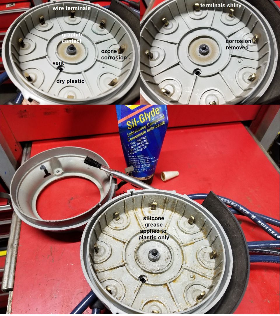 Distributor cap interior being cleaned and greased, annotated three-panel photo