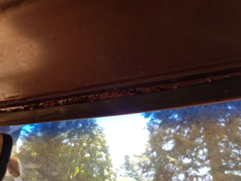 1978 Ford Bronco - The image shows the top edge of a vehicle's windshield with visible rust along the metal trim. The interior headliner is a dark brown color…