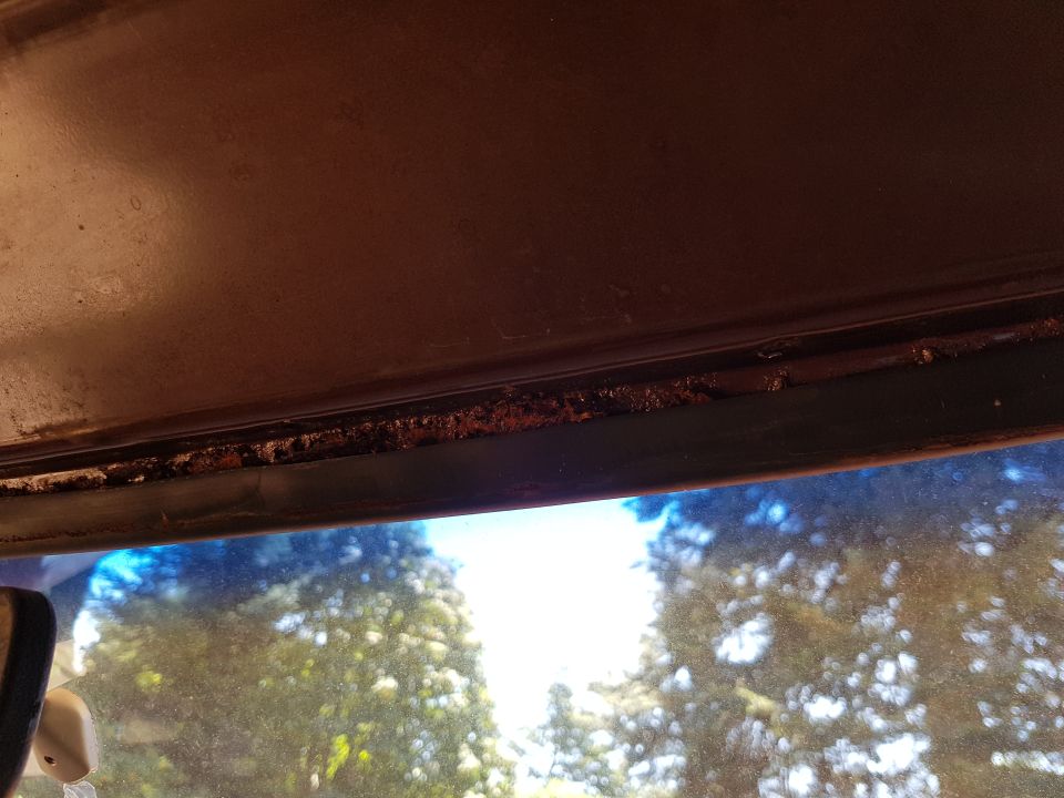 Rust on the windshield trim of a vehicle with a brown headliner.