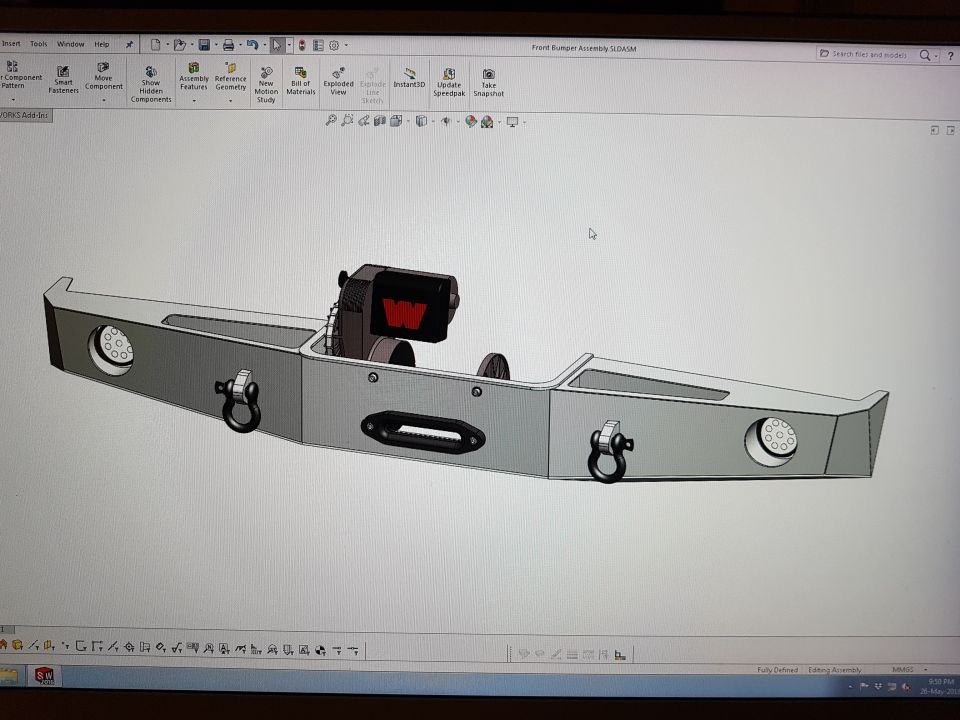 3D CAD model of a custom front bumper with winch mount and recovery points.