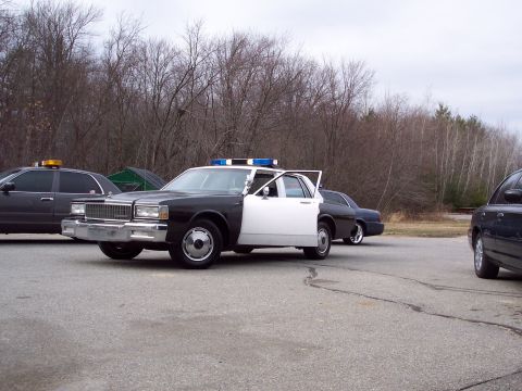 2001 Ford Crown Victoria - Several police vehicles are parked in an outdoor lot with bare trees in the background.