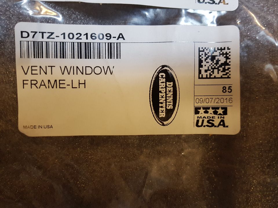 Dennis Carpenter part label for vent window frame LH part D7TZ-1021609-A