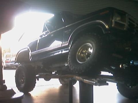 1985 Ford Bronco - This 1985 Ford Bronco is shown on a lift, with bright light coming from the left side.