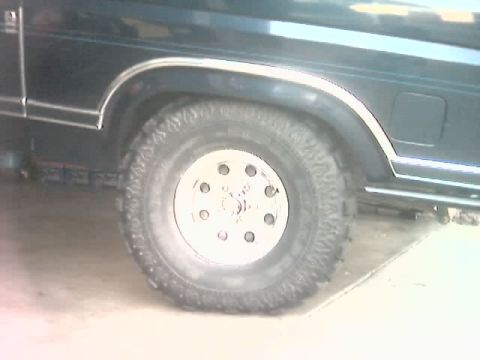 1985 Ford Bronco - Close-up of a dark SUV's front wheel and fender, showing off its off-road tire and chrome accents.