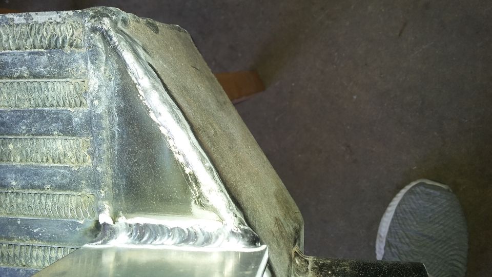 Close-up of a welded intercooler with fins