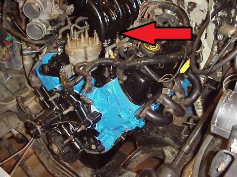 1995 Ford Bronco - Close-up of a Ford V8 engine, with a red arrow highlighting the distributor.