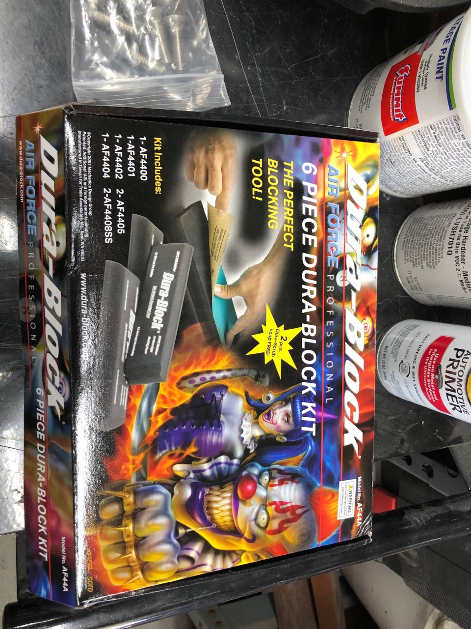 Dura-Block 6 Piece Dura-Block Kit packaging with clown graphics, includes sanding blocks and screws