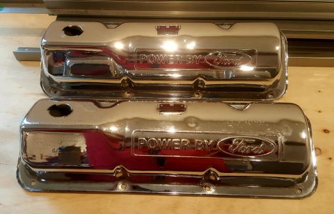 1973 Ford Mustang - Pair of chrome valve covers "POWER BY Ford" branding, likely aftermarket engine parts.