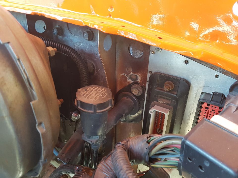 Engine bay wiring harness and brake fluid reservoir with text on cap