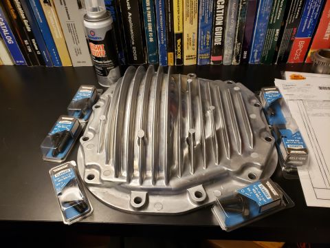 1996 Ford F-250 - Since I needed a new diff cover anyway: later model 10.5 finned aluminum (08-10 Super Duties.) Dorman part 697-725. Being a Dorman it's not…