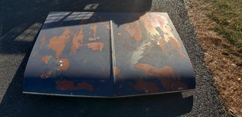 1962 Ford Galaxie - A weathered hood, likely from an older vehicle, shows significant paint deterioration and rust patches.