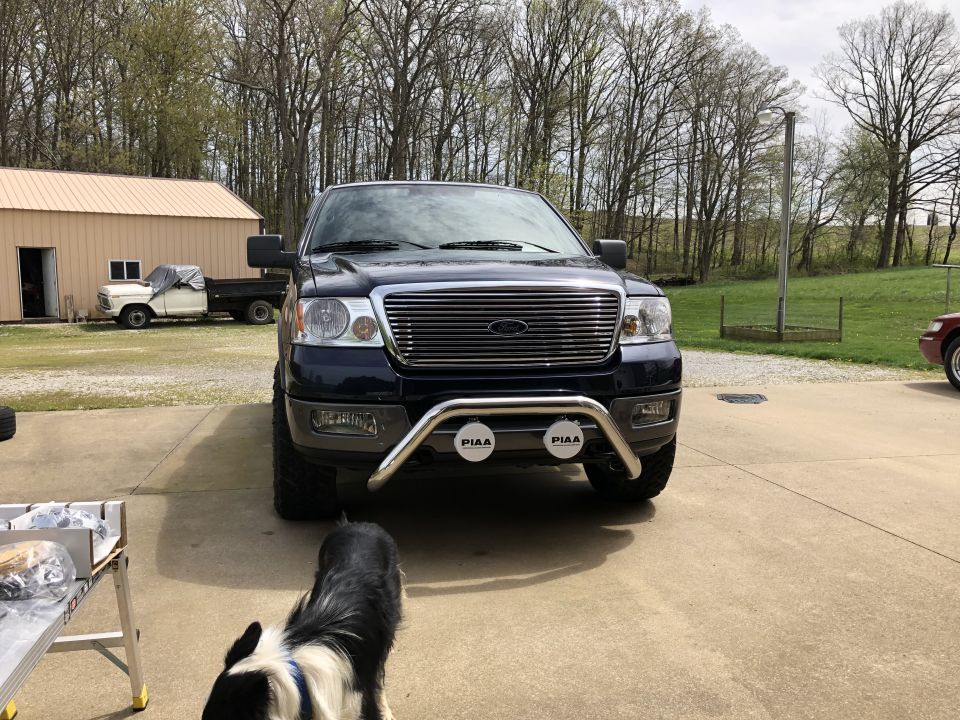 Front view of a dark blue 2005 Ford F-150 with PIAA lights on a bull bar