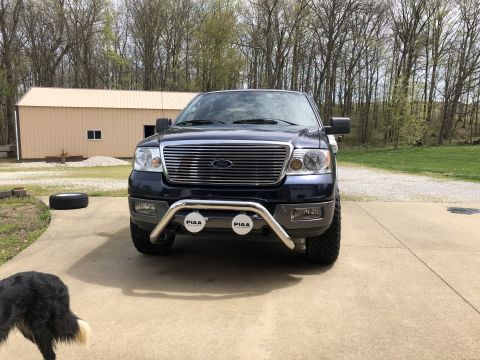 2005 Ford F-150 - Front view of a dark blue 2005 Ford F-150 pickup truck with aftermarket grille guard and fog lights.