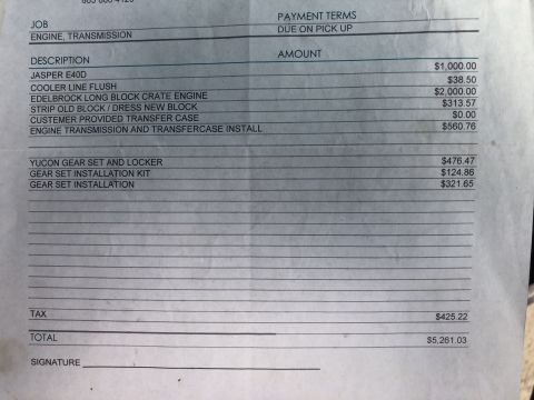 1995 Ford Bronco - This document details automotive repair services, including engine and transmission work, with a total cost of $5,261.03.