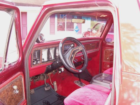 1979 Ford Bronco - The interior of a 1979 Ford Bronco shows off its distinctive red carpeting and pink quilted seats.