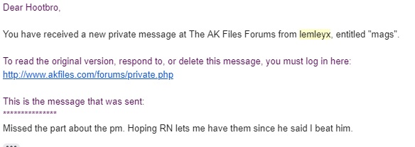 Screenshot of a private message notification from The AK Files Forums.