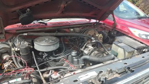 1985 Ford Bronco - The open hood of a red Ford Bronco reveals a detailed view of the engine bay, showcasing various components like the air filter, hoses, and…