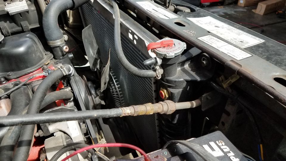 1985 Ford Bronco engine bay, radiator and hoses