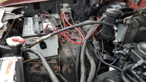 1985 Ford Bronco - The engine bay of a vehicle, likely a 1985 Ford Bronco, shows a red Interstate Mega-Tron Plus battery, various hoses, wiring, and a black c…