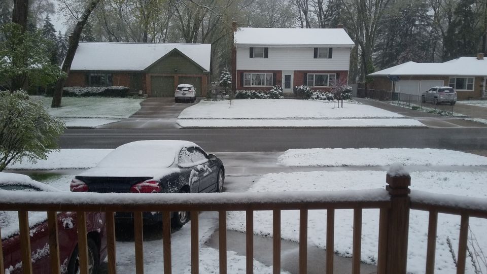Snow covers cars parked in driveways and on a street in front of suburban houses