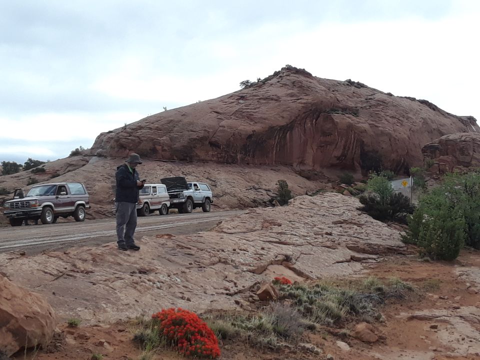 Three vintage Ford Broncos parked on a dirt road in a desert landscape with a man looking at his phone.