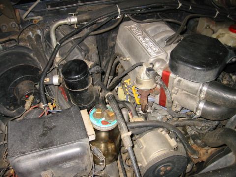 1985 Ford Bronco - Close-up view of a vehicle's engine bay, showing the intake manifold and associated plumbing.