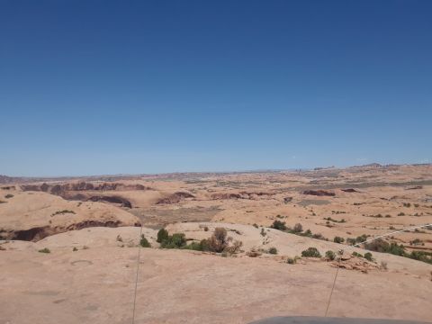 1985 Ford Bronco - A wide view of a desert terrain with scattered rock formations under a bright blue sky.