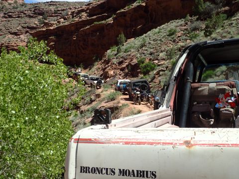 1995 Ford Bronco - A line of off-road vehicles, including motorcycles and SUVs, navigates a dusty canyon trail. The foreground shows the rear of a white picku…