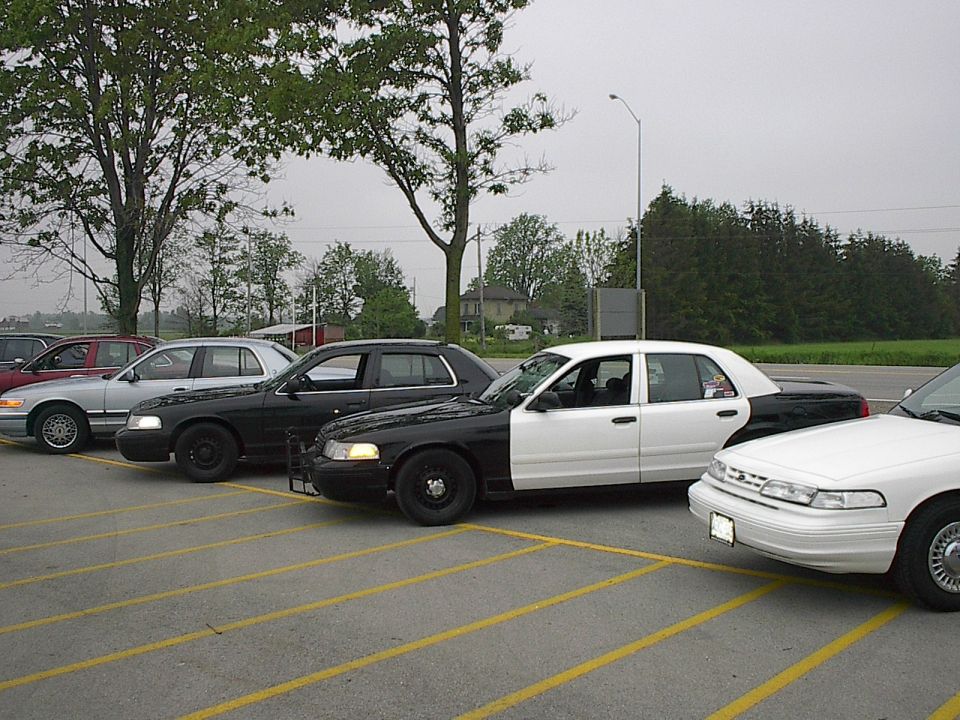 Several police-style sedans parked in a lot, with a white and black sedan in the foreground.
