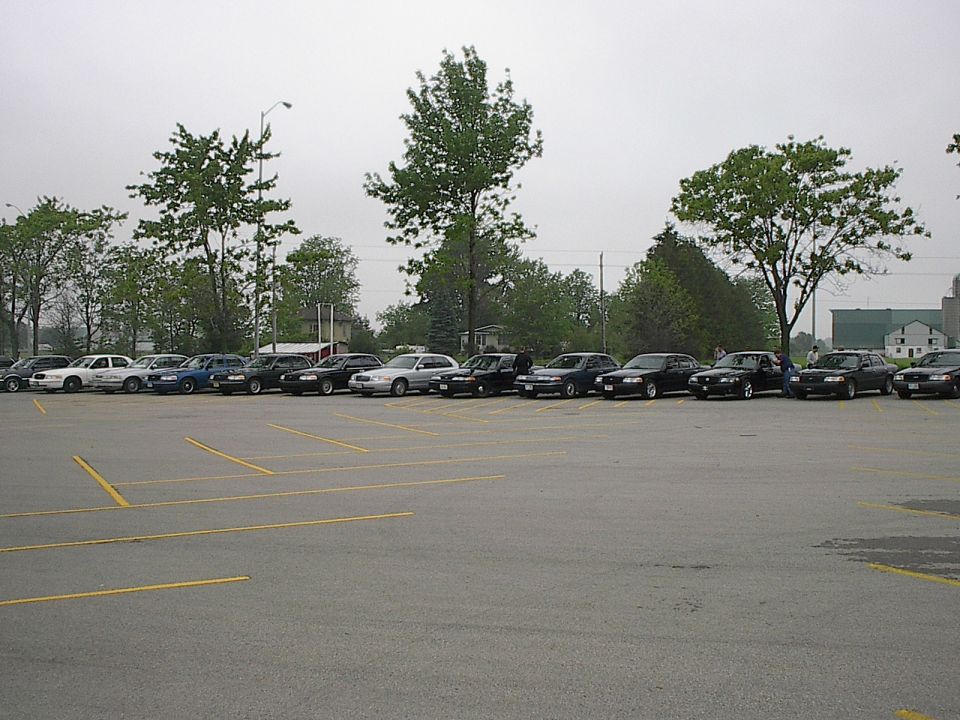 Line of dark sedans parked in a lot.