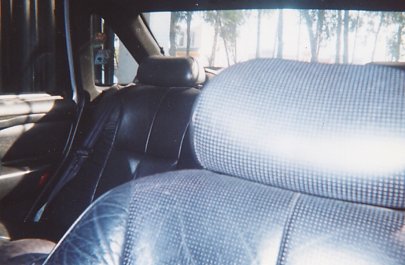 Rear-seat view of a sedan interior showing dark front seatbacks and headrests with sun glare