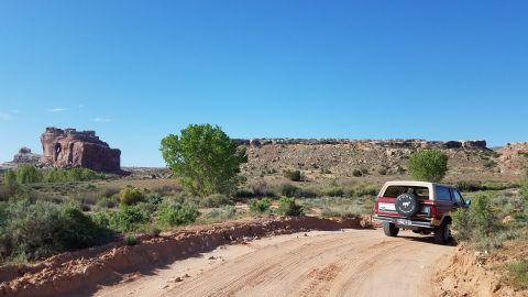 1985 Ford Bronco - A red and tan Ford Bronco navigates a dusty trail through a desert canyon under a clear blue sky.