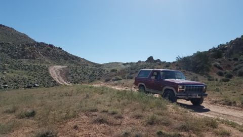 1985 Ford Bronco - A red 1985 Ford Bronco navigates a dusty trail through a dry, hilly terrain under a clear blue sky.