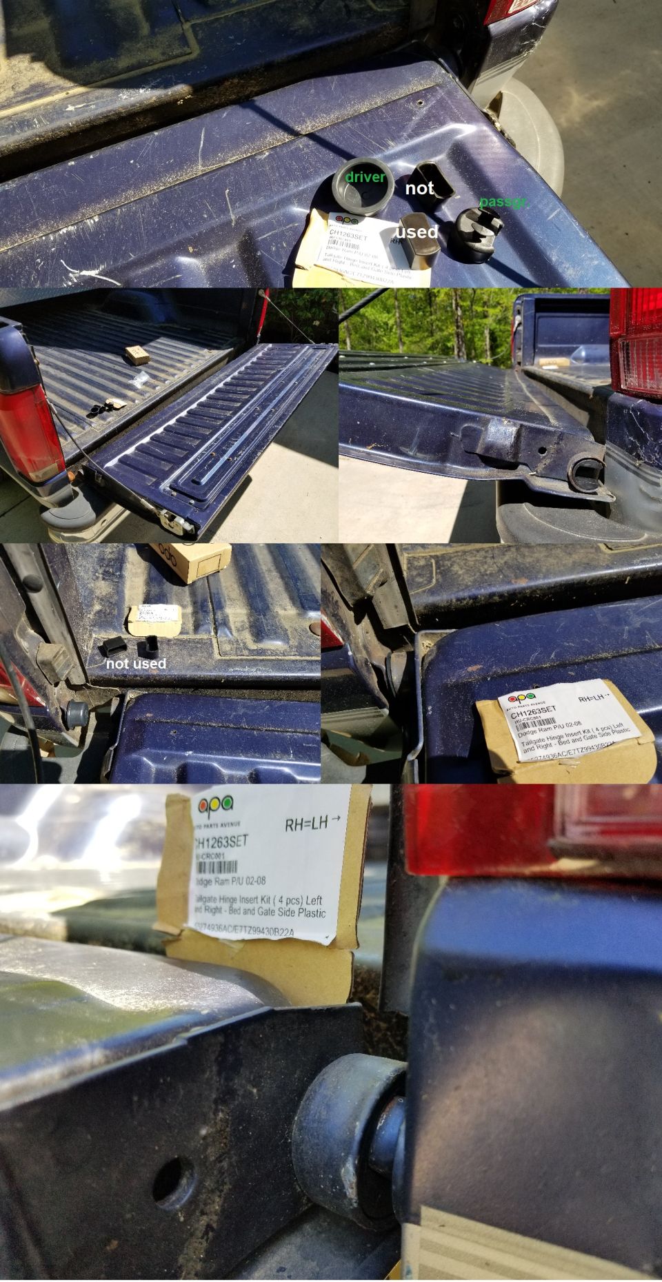 Annotated tailgate hinge insert kit install on dark blue pickup with tailgate removed