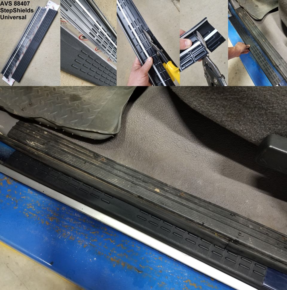 AVS 88407 StepShields trimmed and installed on rusty blue truck door sill