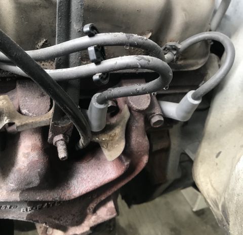 1995 Ford Bronco - Close-up view of engine spark plug wires with water droplets.