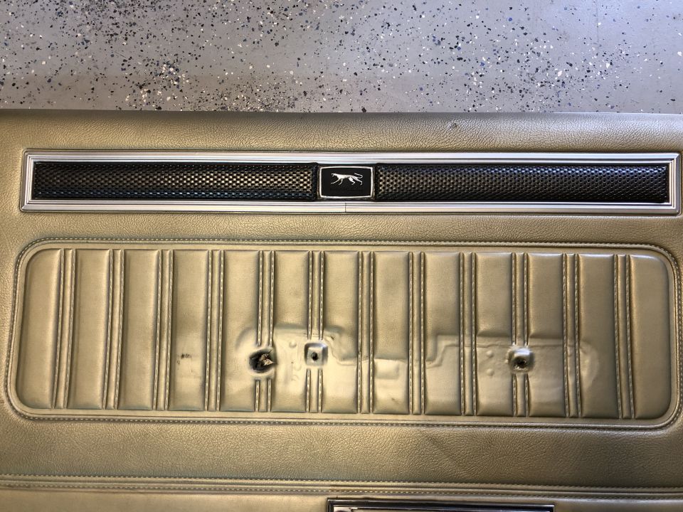Door panel with a cougar emblem and vertical stitching. Looks like a 1968 Mercury Cougar