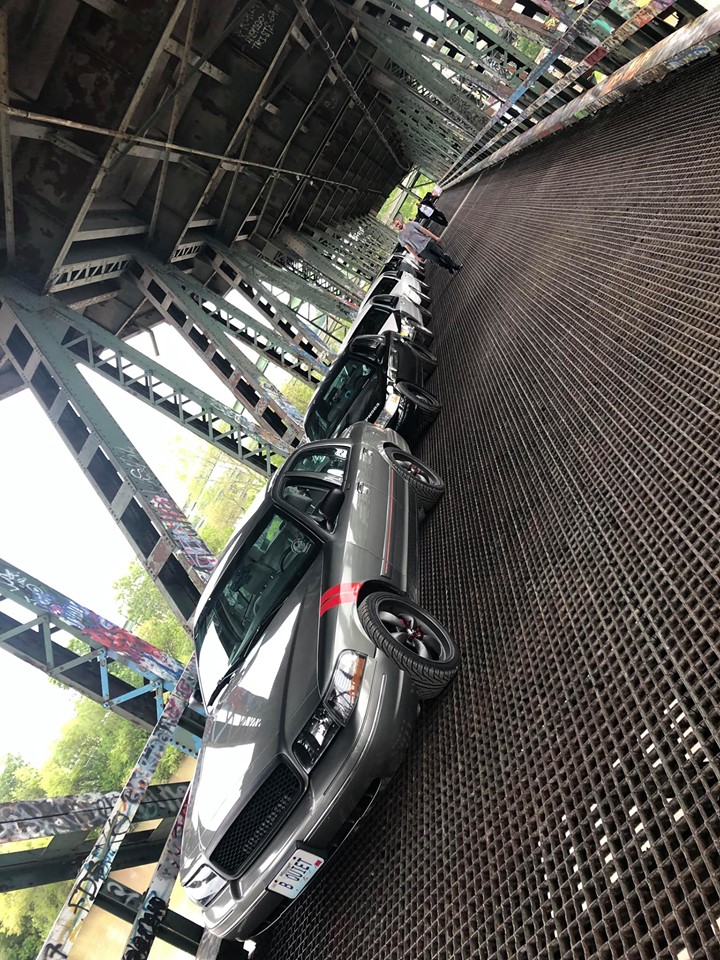 Line of gray Ford Crown Victorias parked on a metal grate bridge, one has a red stripe on its side