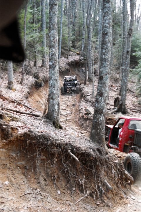 1976 Ford Bronco - Off-road vehicles tackle a challenging, narrow trail through a dense forest.