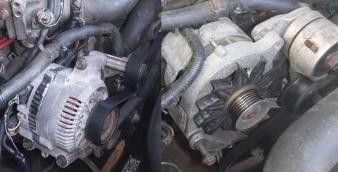1992 Ford Bronco - 3G alternator upgrade. So-so comparison of the different tensioner position of the '93+ bracket (left) and '92 bracket (right; belt removed…