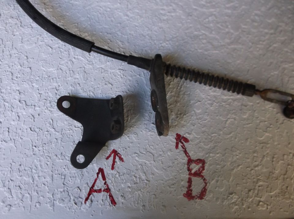 Brake cable and bracket labeled A and B