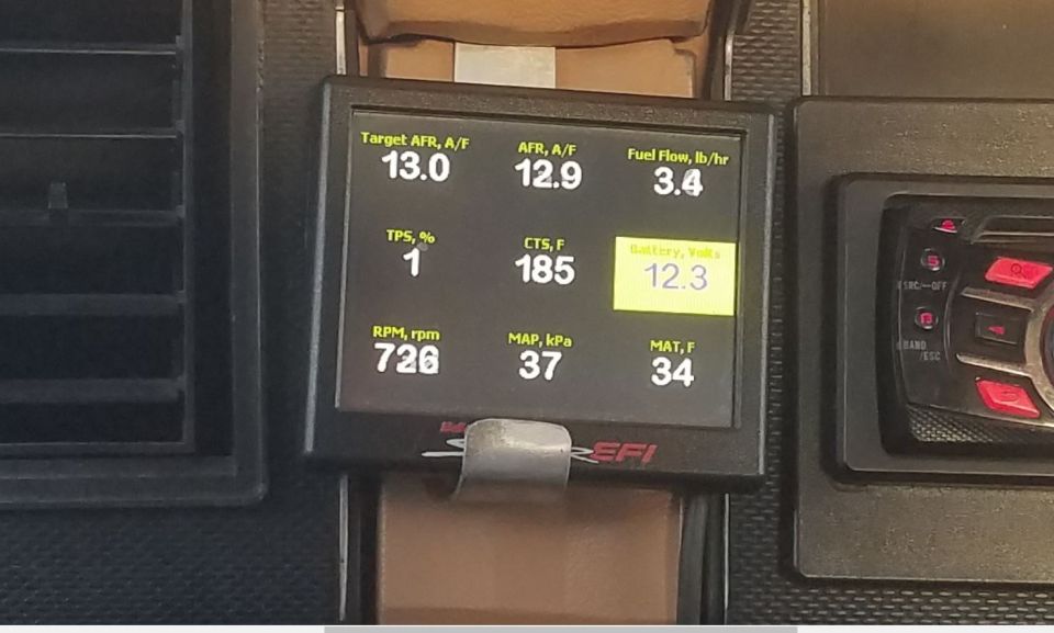 Digital gauge display showing engine data and battery voltage