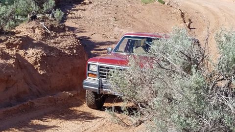 1985 Ford Bronco - Red SUV navigates a dusty, off-road trail, partially obscured by brush.