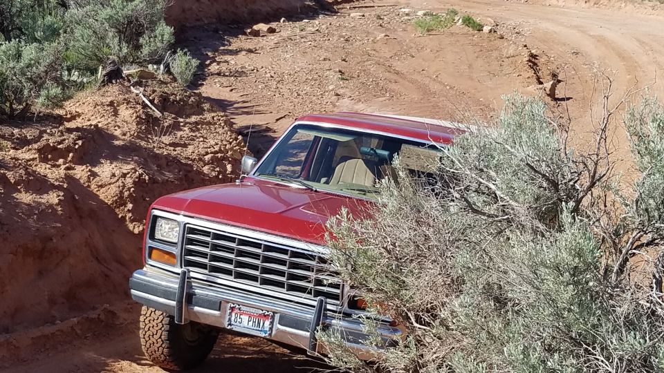 Red 1985 Ford Bronco driving on a dirt trail, partially obscured by brush