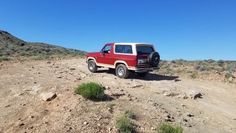 1985 Ford Bronco - This Ford Bronco is driving on a dusty, rocky trail in a dry, arid landscape.