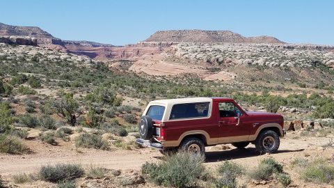 1985 Ford Bronco - A classic Ford Bronco sits parked on a dusty trail, surrounded by arid terrain and distant mesas under a clear blue sky.