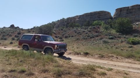 1985 Ford Bronco - A Ford Bronco navigates a dusty trail through a dry, arid environment under a clear blue sky.