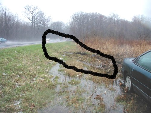 Dark green sedan stuck in flooded highway ditch with area circled in black marker