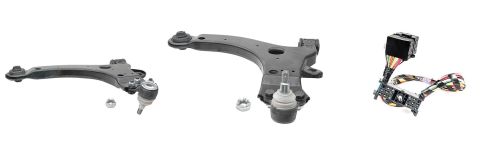 Two automotive control arms with ball joints and nuts, and an electrical wiring harness.
