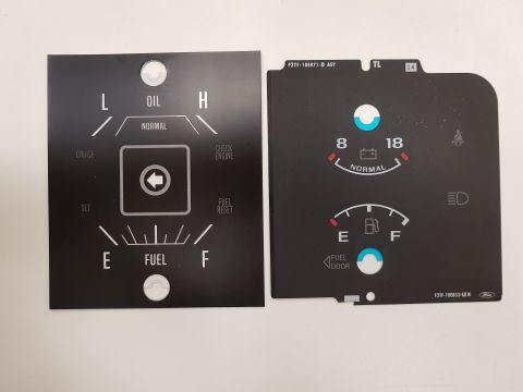 1978 Ford Bronco - Two black gauge cluster overlays are shown. The left overlay displays oil pressure and cruise control indicators. The right overlay shows b…